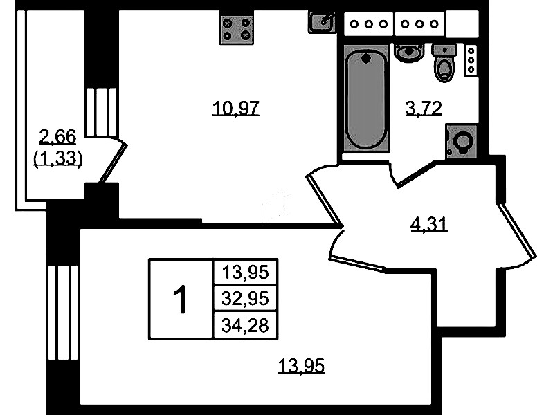 1-комнатная квартира 34.28 м², 11/11 эт., ЖК «Новое Колпино»